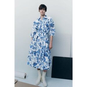 Zara White Shirt with Blue Paisley Print Midi Dress, Size XS NWT
